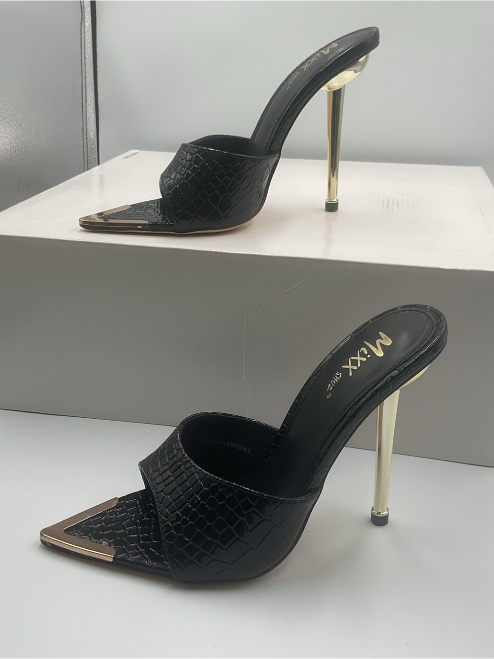 Black & Gold High Heel  Mule Stiletto Pointed Open Toe Sandals Slides Pump Shoe